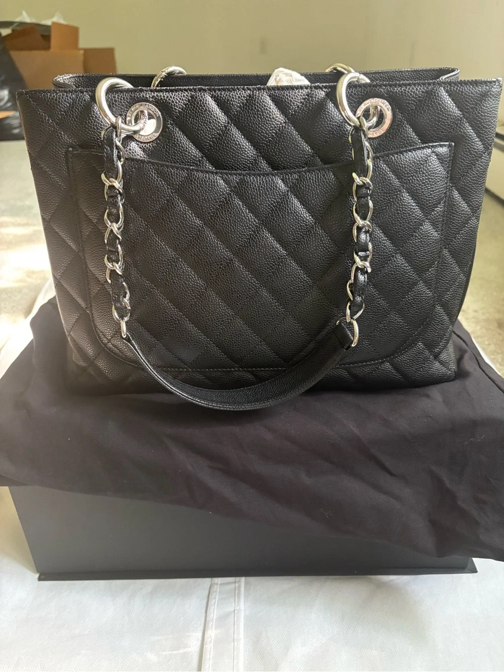 CHANEL Black Quilted Caviar Leather Tote with Silver Chain Handles